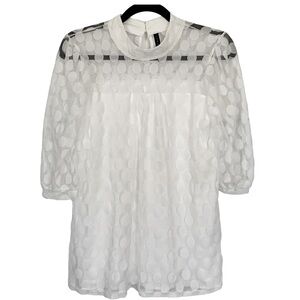 LUNA RAE NEW Women’s Sheer Blouse White Polka Dot‎ 3/4 Sleeve Keyhole Back S